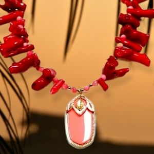 Repurposed Vintage 1960s Coral Pendant Necklace Hand Crafted